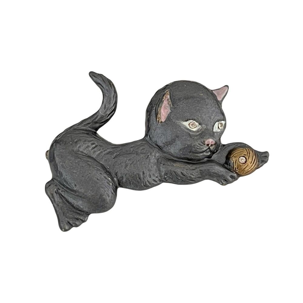 Vintage 1980s Cat Mouse Brooch Enamel Figural Crystal Eye Signed Carol Star - 1K